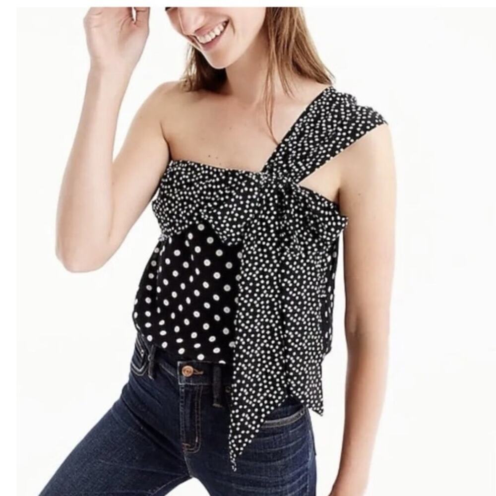 J. Crew Silk Black White Polka Dot Print One Shoulder Bow Blouse Top EUC Size 4